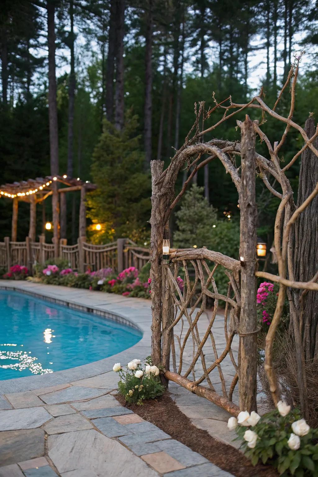 A whimsical twig and branch fence accentuating the pool's inherent splendor.