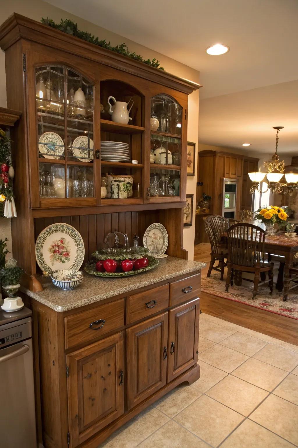 An antique cupboard provides storage and panache in a countryside kitchen.