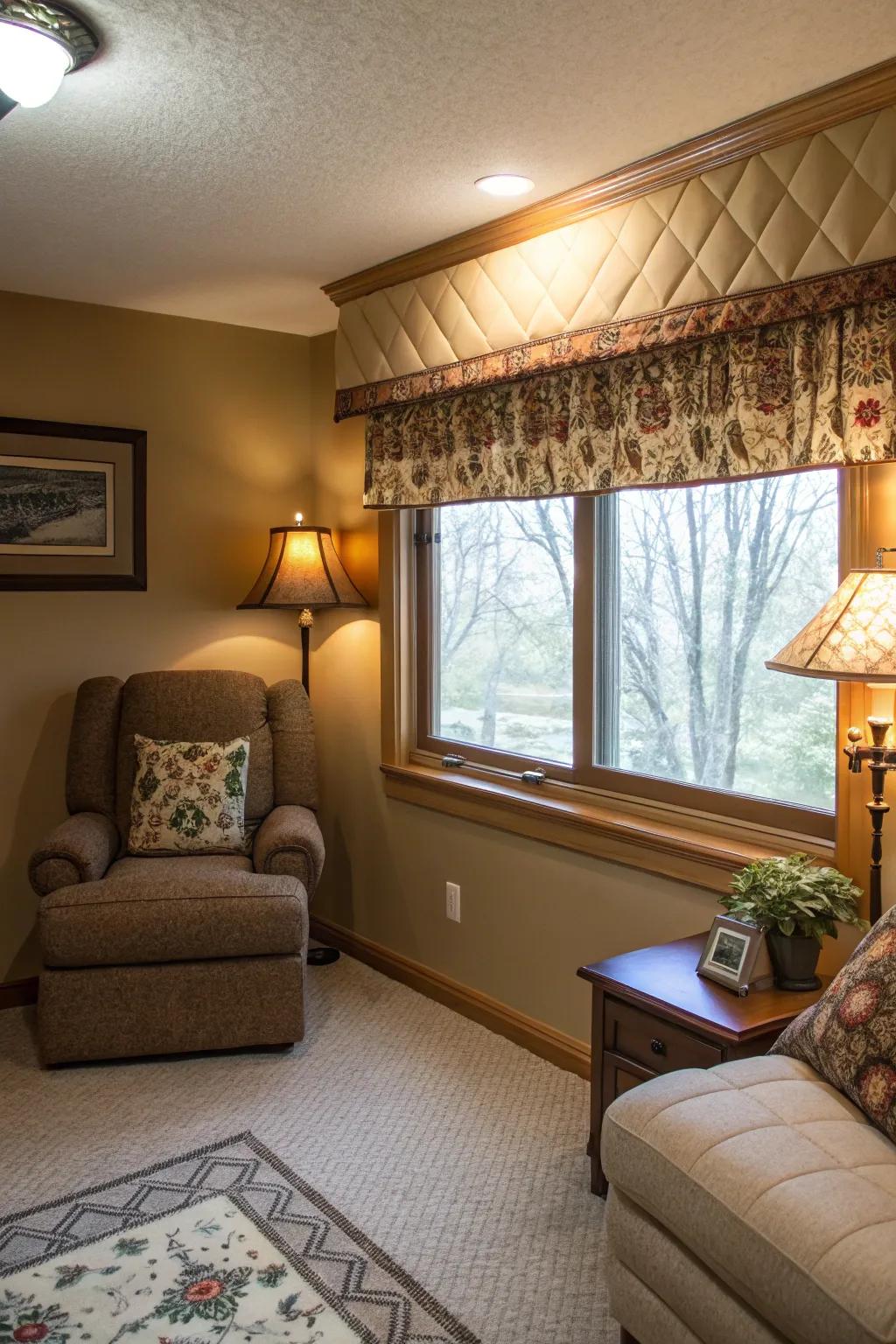 A comfortable den featuring a sewn valance that adds warmth and comfort.