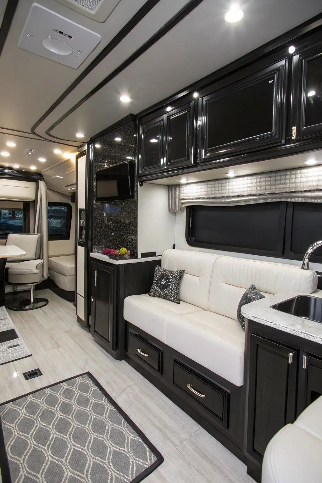 A black and white scheme crafts a timeless RV interior.