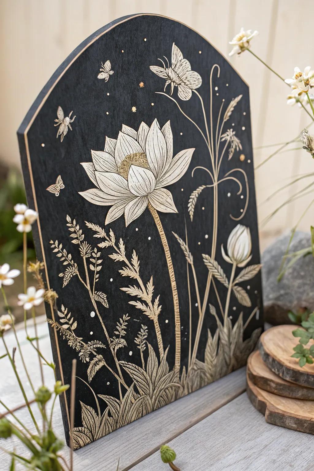 Bring the beauty of nature indoors with this exquisite scratch-board garden scene, where simplicity meets elegance.