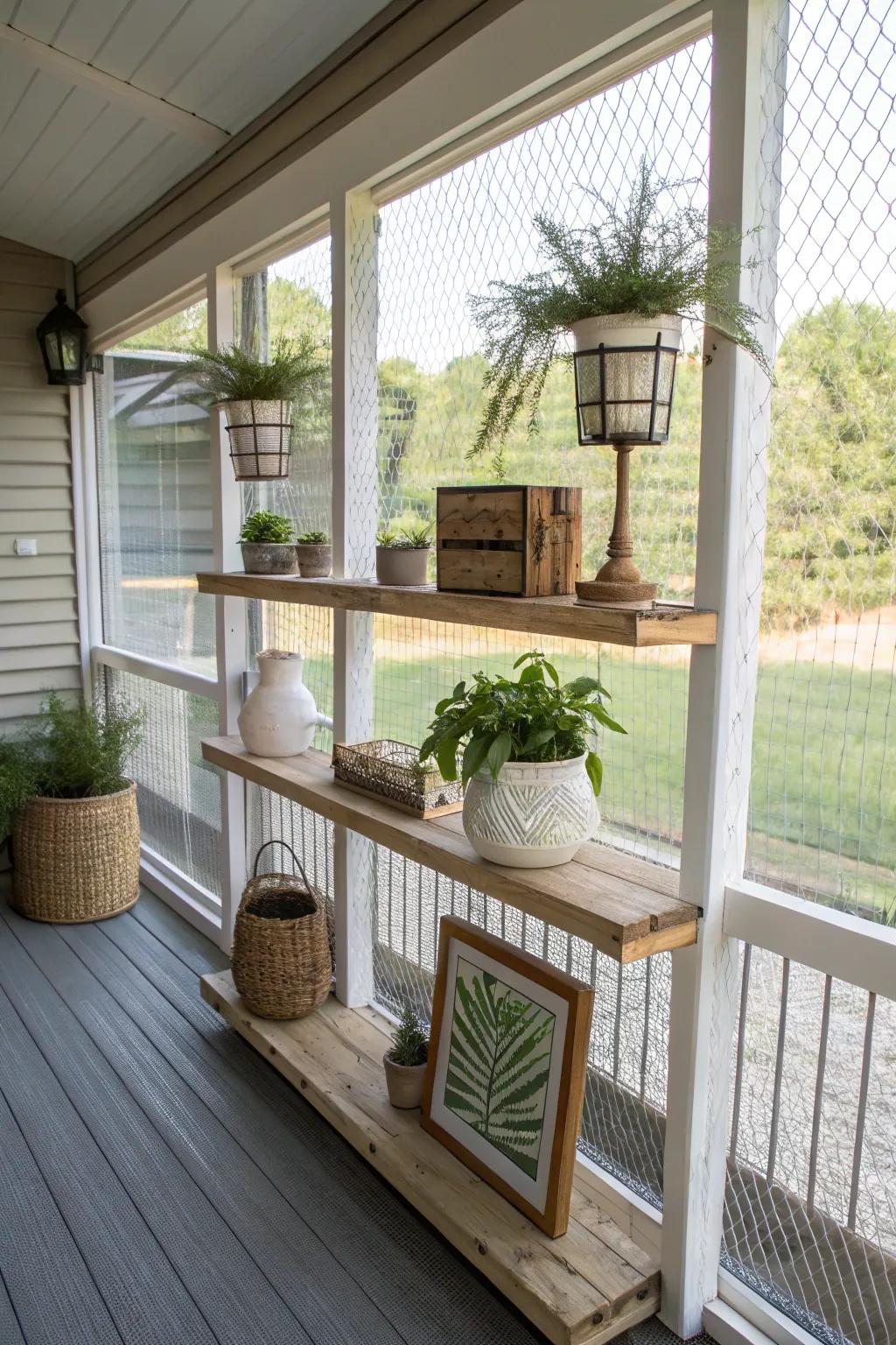 Floating shelves provide stylish storage for plants and decor.