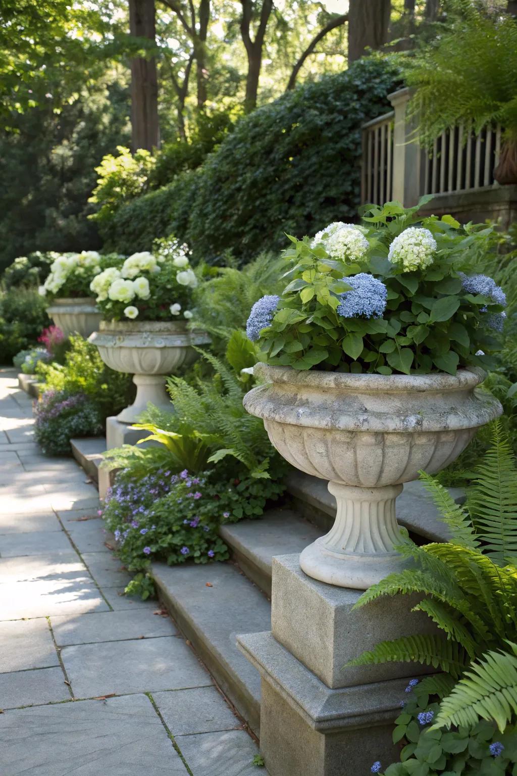 A shaded garden with sophisticated rocky planters featuring hydrangeas and ferns.