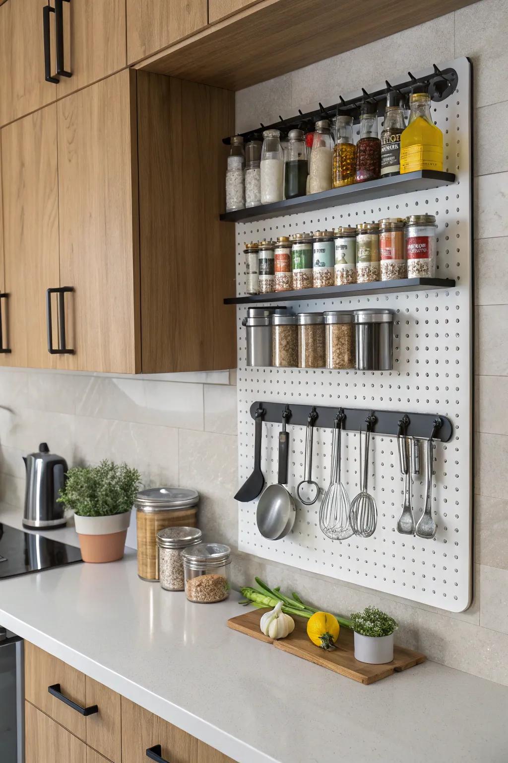 A wall-mounted pegboard provides versatile storage for mixing containers and accessories.