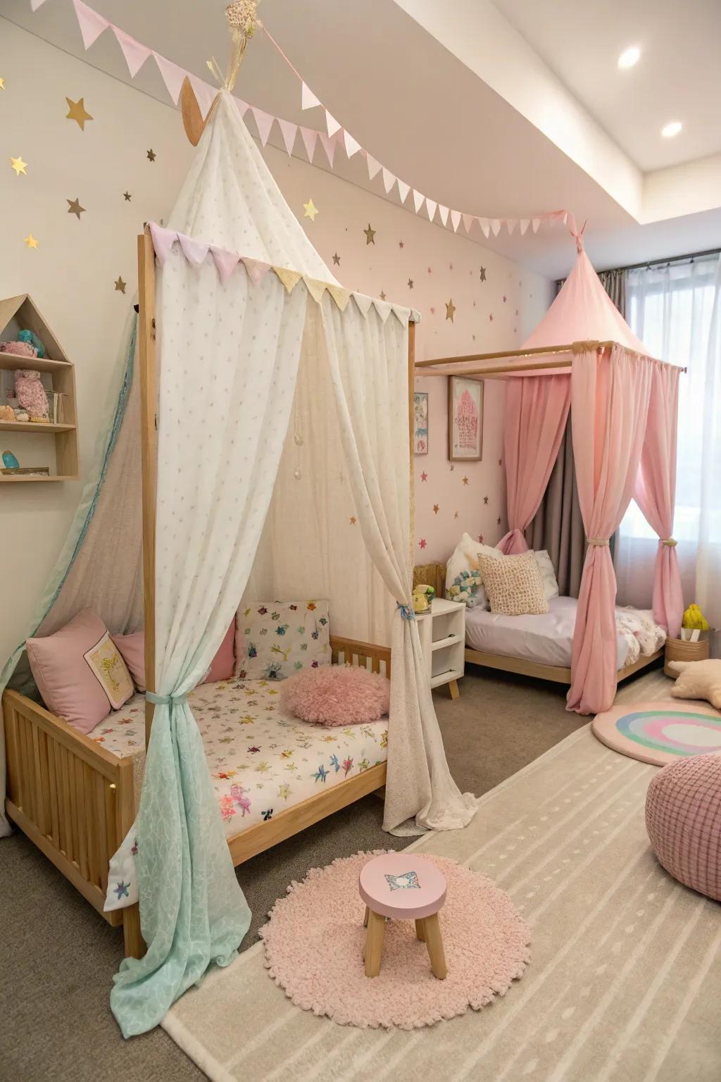 Draped beds offer privacy and a touch of elegance.