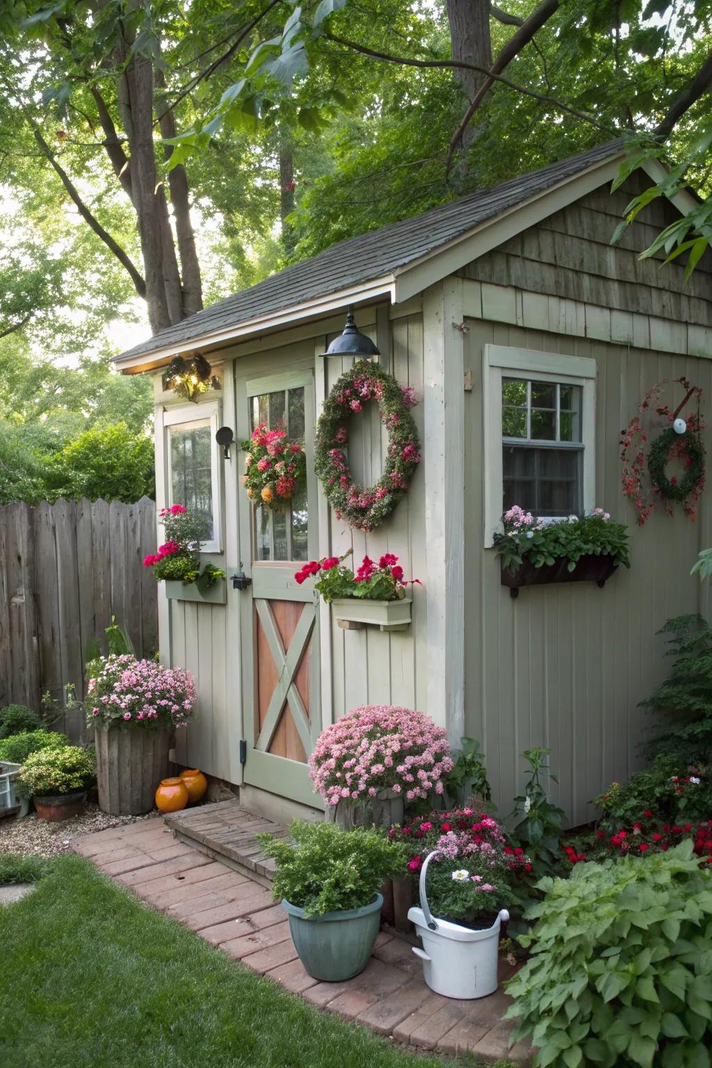A garden shed adorned with rotating seasonal decorations.