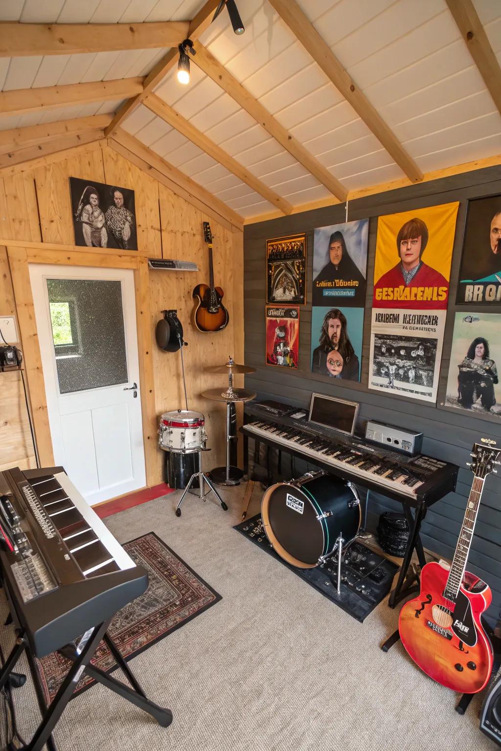 A garden shed home interior transformed into a music studio for creative expression.