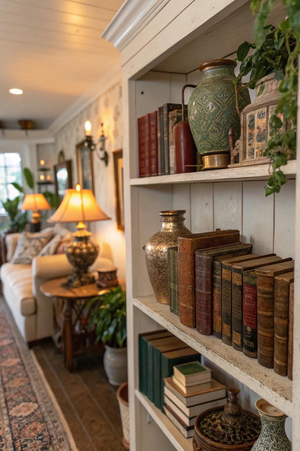 Aged finds inject persona and charm to display shelf presentations.