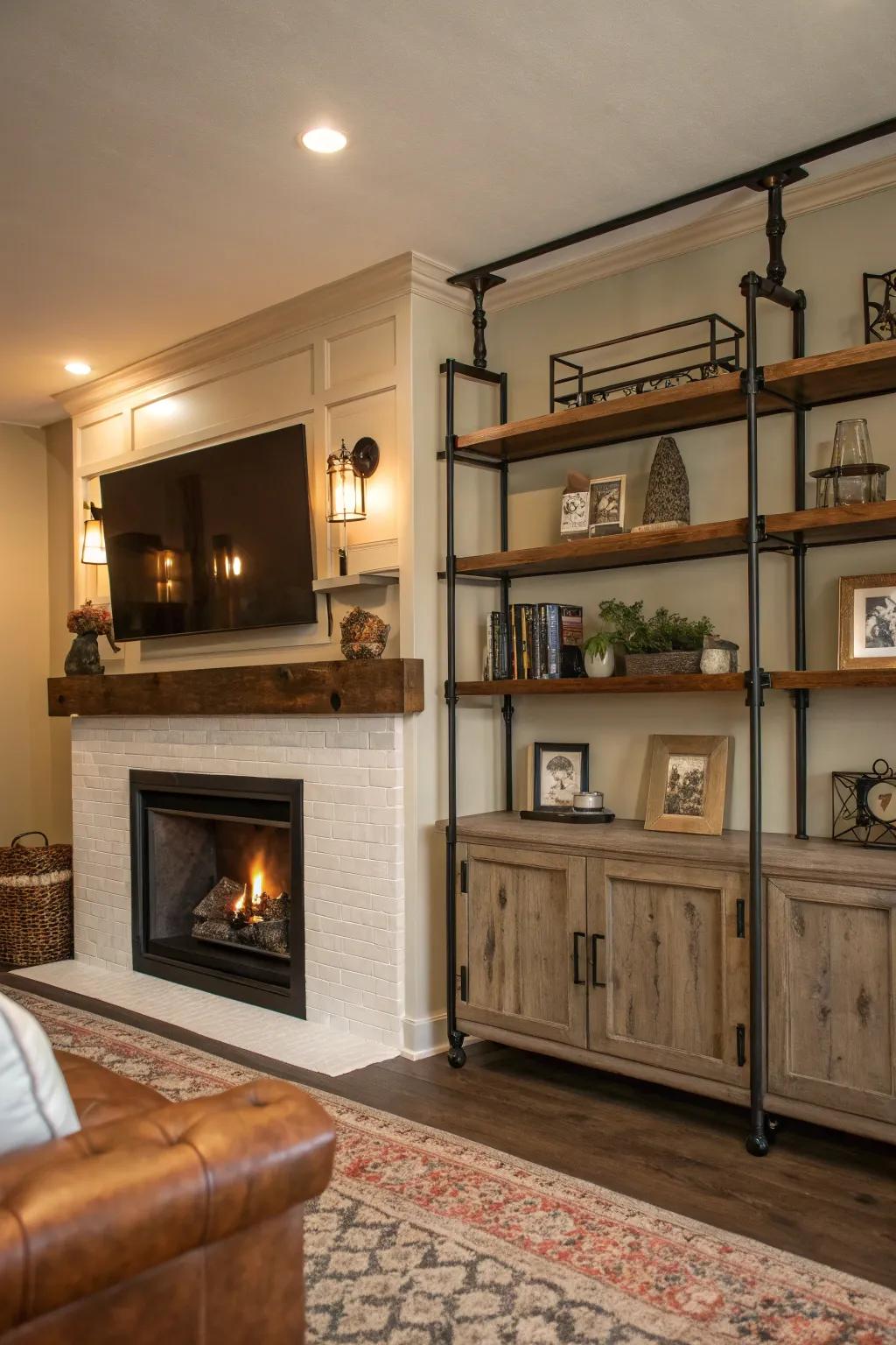 A modernized hardiness with metal shelving establishes a rugged style.