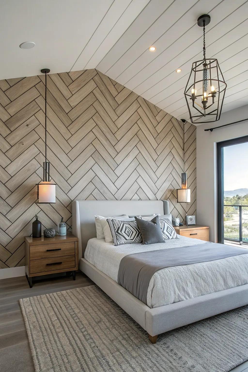 Shiplap in a chevron arrangement enhances a contemporary and fashionable twist to your bedroom.