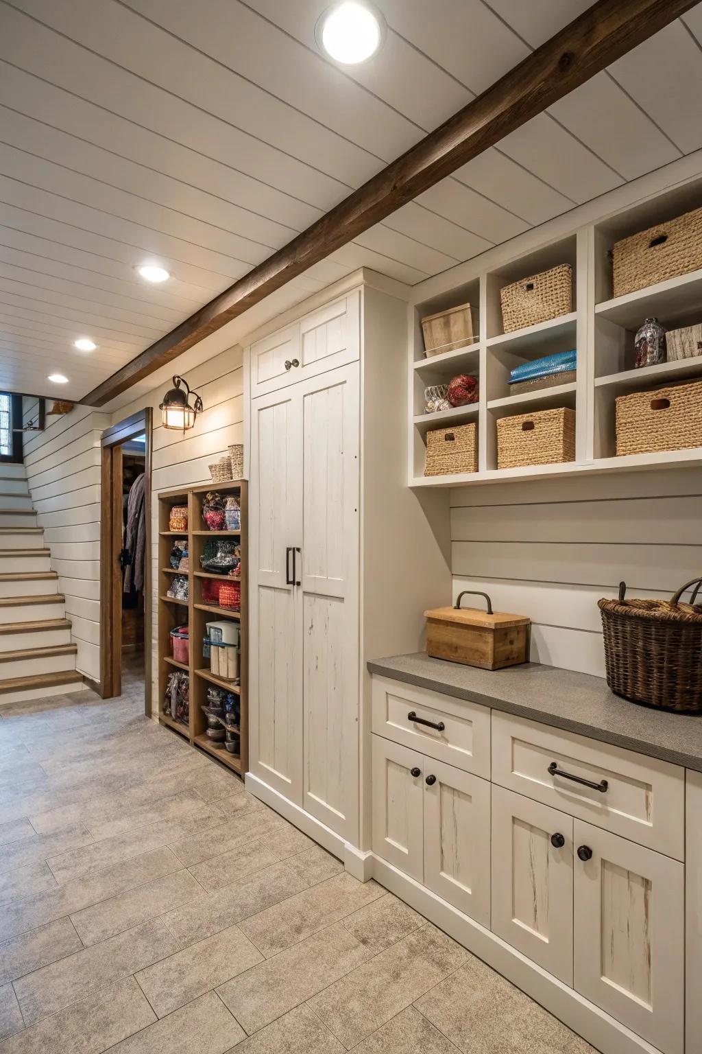 Sleek storage using concealed panels.
