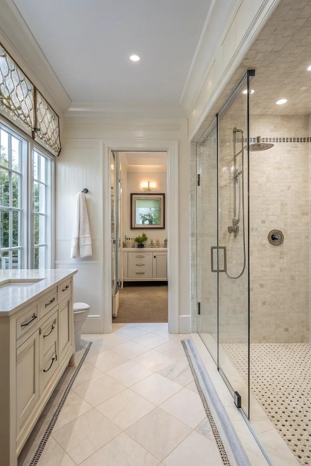 Open showers create a seamless and contemporary restroom experience.