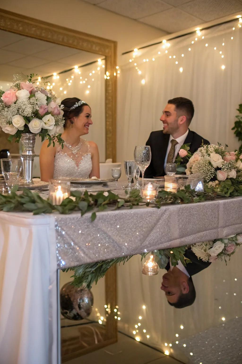 The bride and groom are seated at a table with a chic gleaming centerpiece runner.