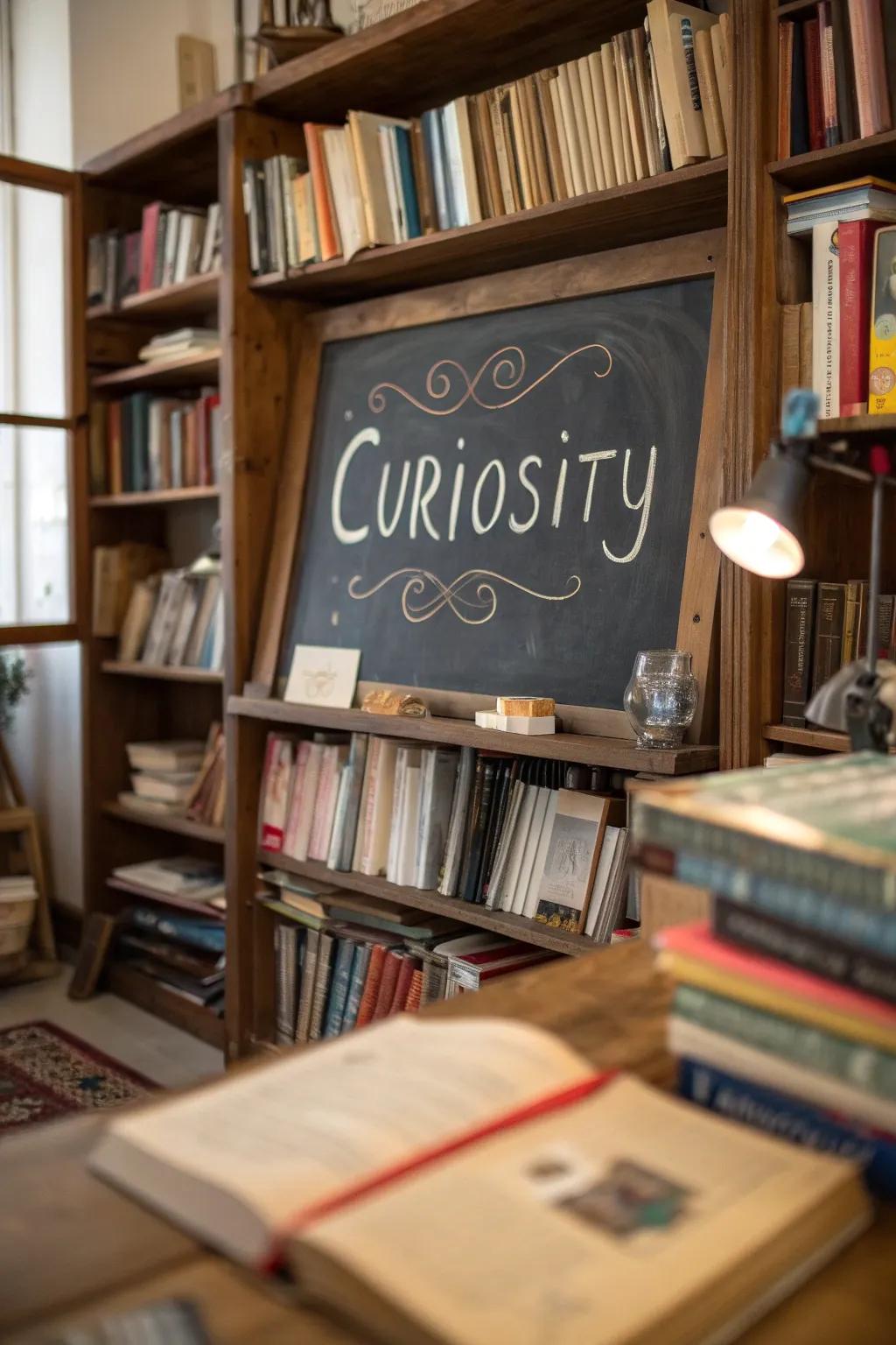 A study room chalkboard with a curiosity-themed quote.