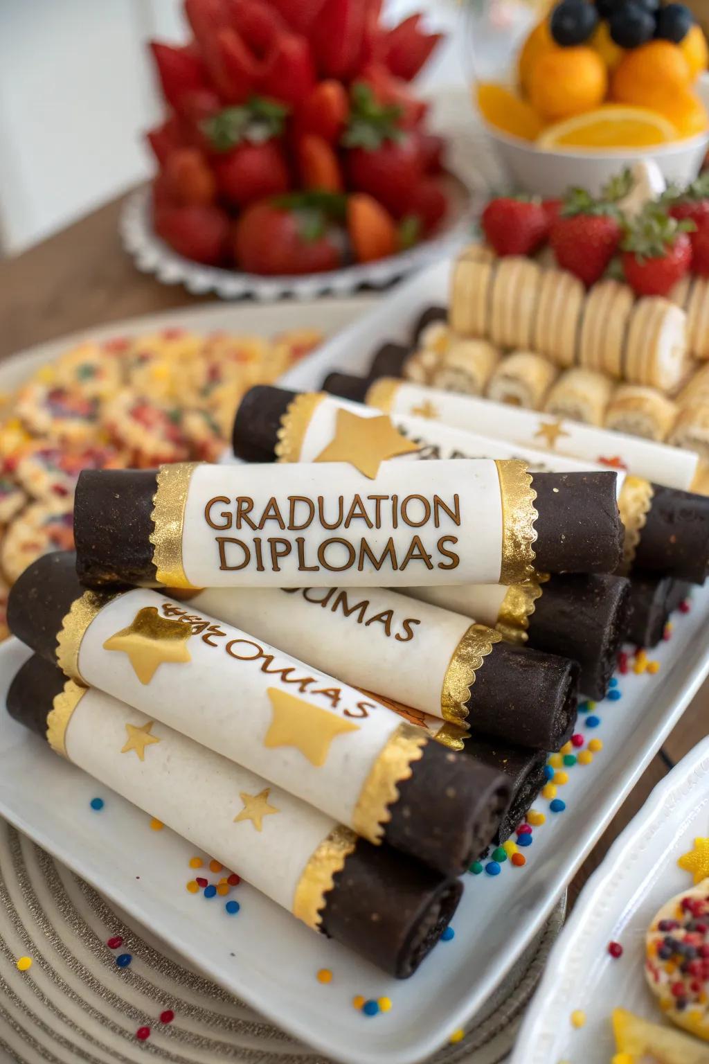 Intelligent consumable graduation diplomas injecting a thematic accent into the arrangement.