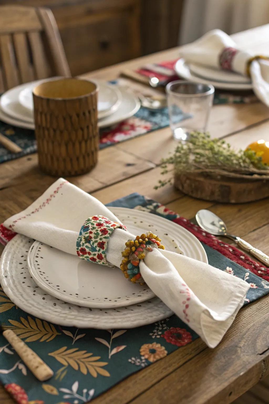 Handmade material crafts adding warmth to a rustic table.