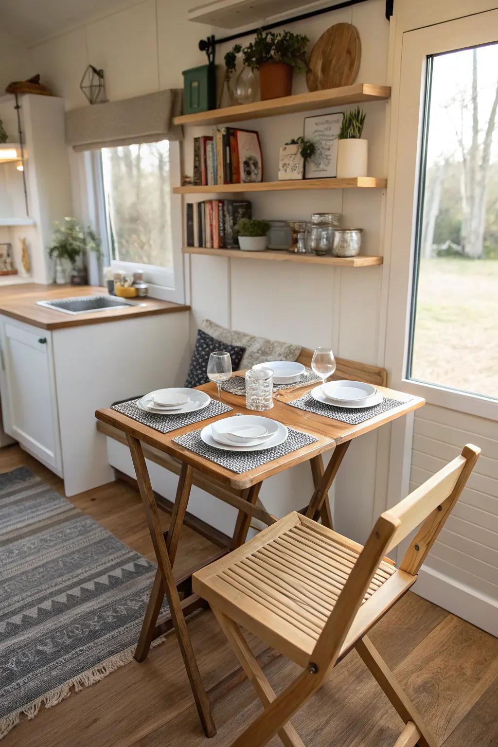 Foldable dining tables offer space-conserving options in confined Airbnb settings.