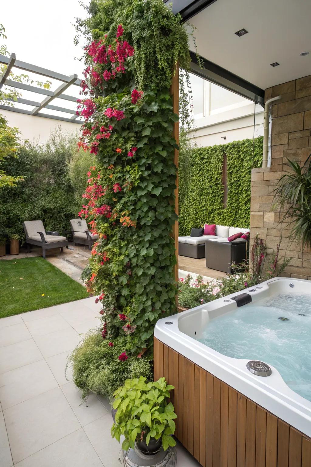 A hot tub area with a vertical garden and climbing plants, adding depth and lushness.