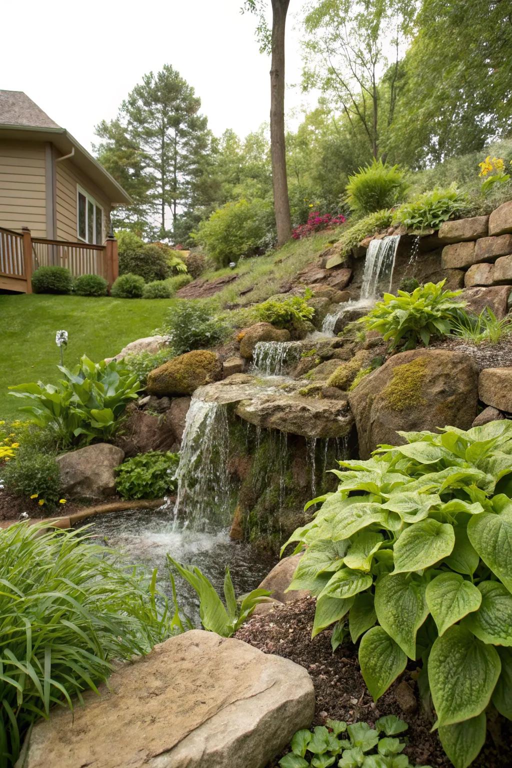 A slope waterfall enhances the natural beauty of your garden.