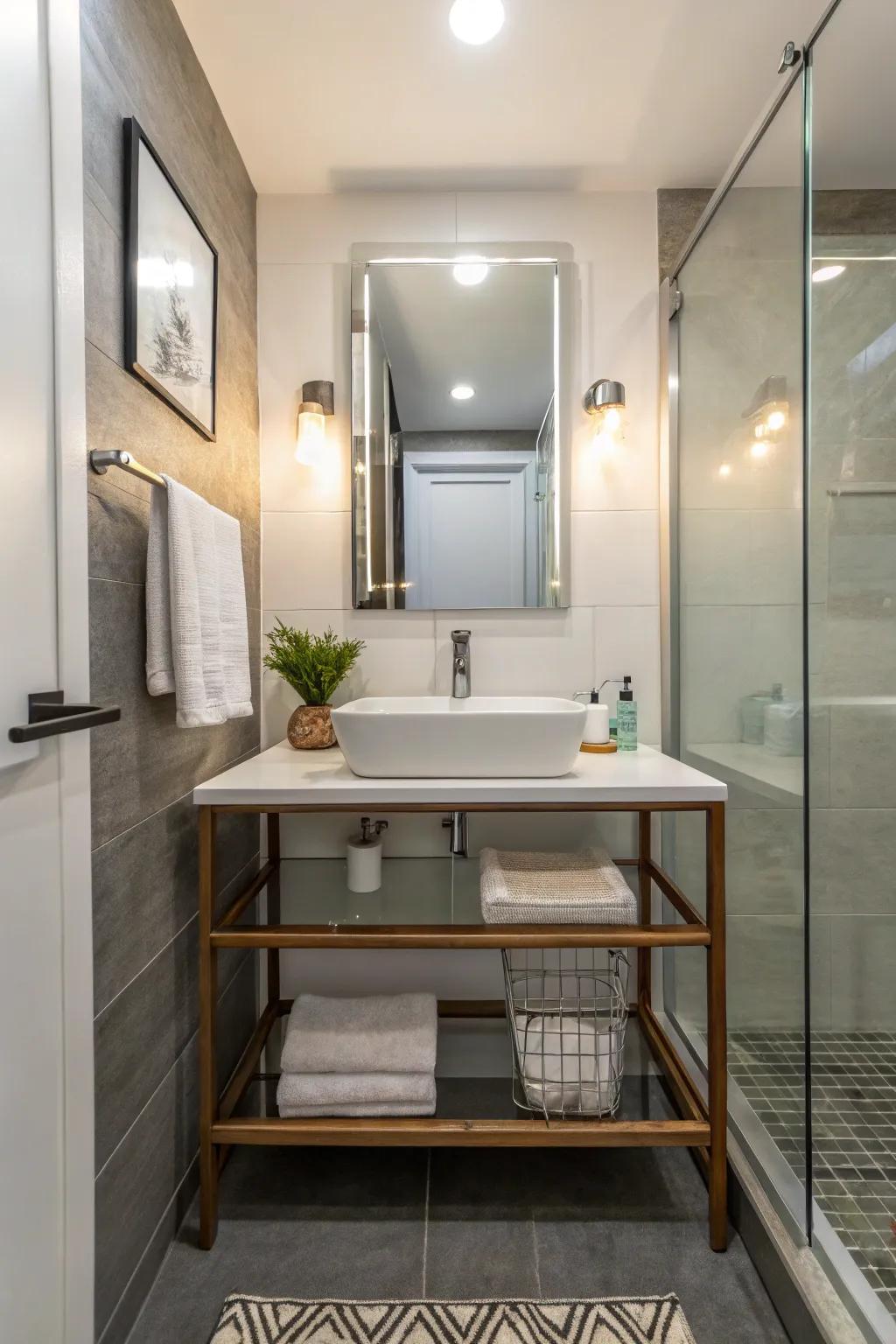 An asymmetrical vanity that introduces a unique and contemporary flair to a small restroom.