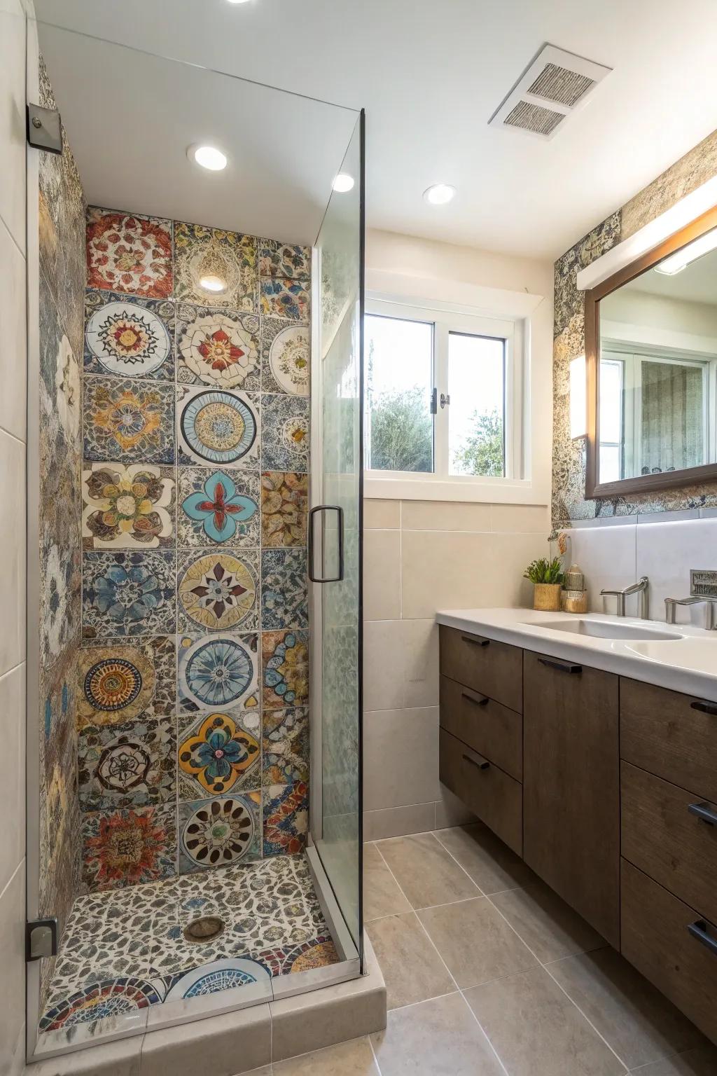 Mosaic tiles introduce texture and interest to shower areas.