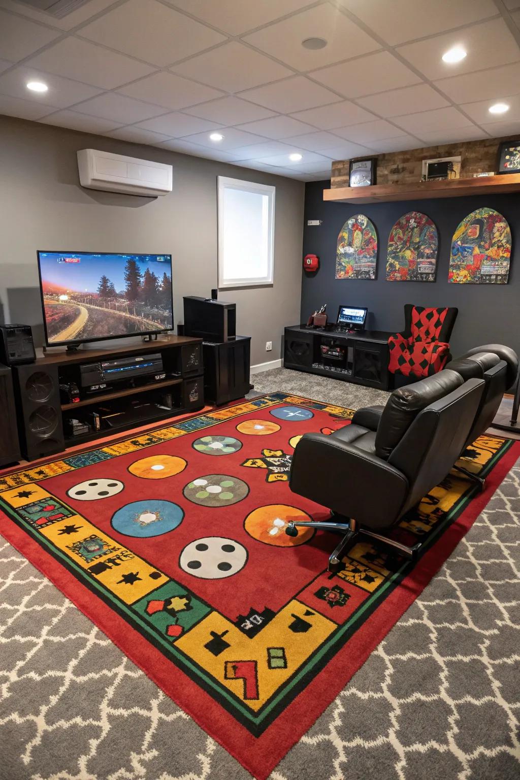 Rugs with a theme add a cohesive touch to the gaming room.