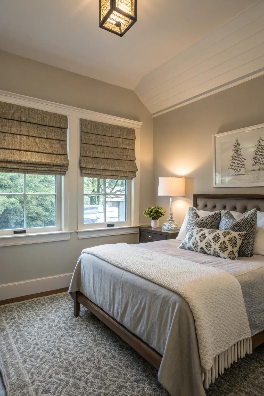 A small bedroom showing Roman shades for space saving.