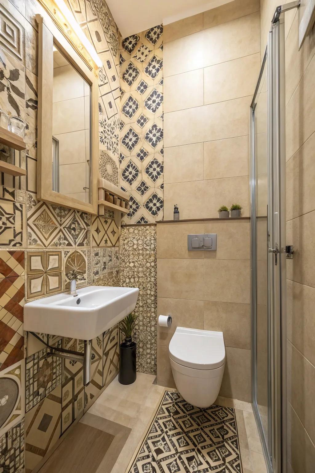A small bathroom exhibiting modern geometric tiles.