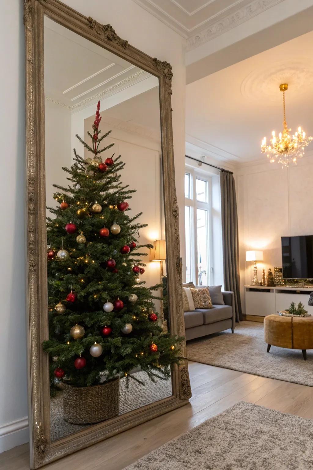 A mirror doubles the presence of a small tree, enhancing the festive decor.