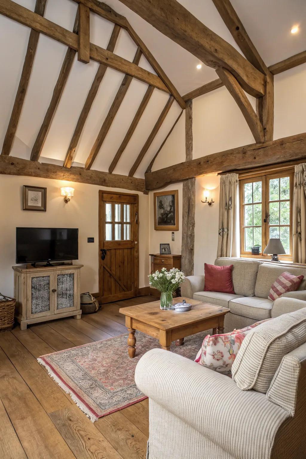 Exposed beams contribute rustic distinctiveness to this appealing dwelling space.