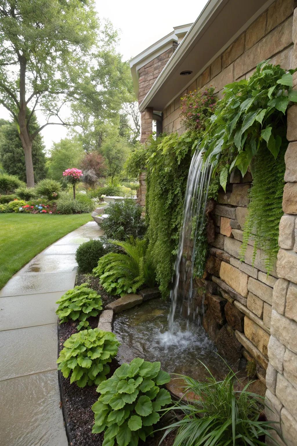 A wall-affixed waterfall provides a dramatic and soothing backdrop.