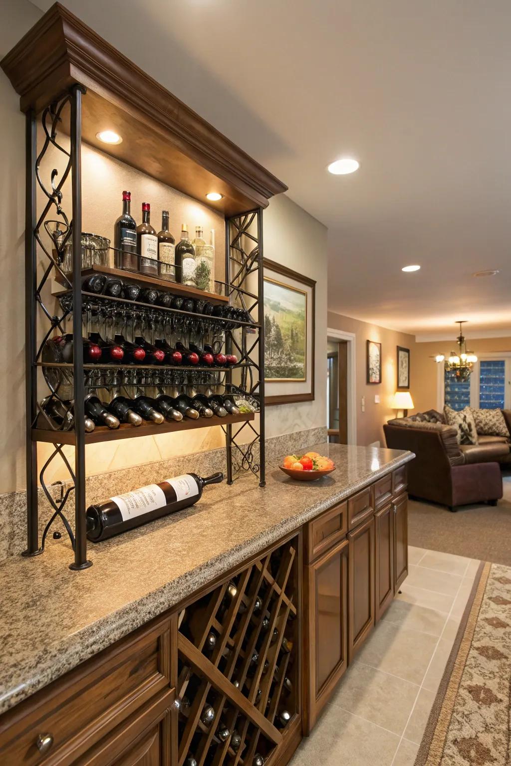 A wine display unit serves both storage and aesthetic purposes.