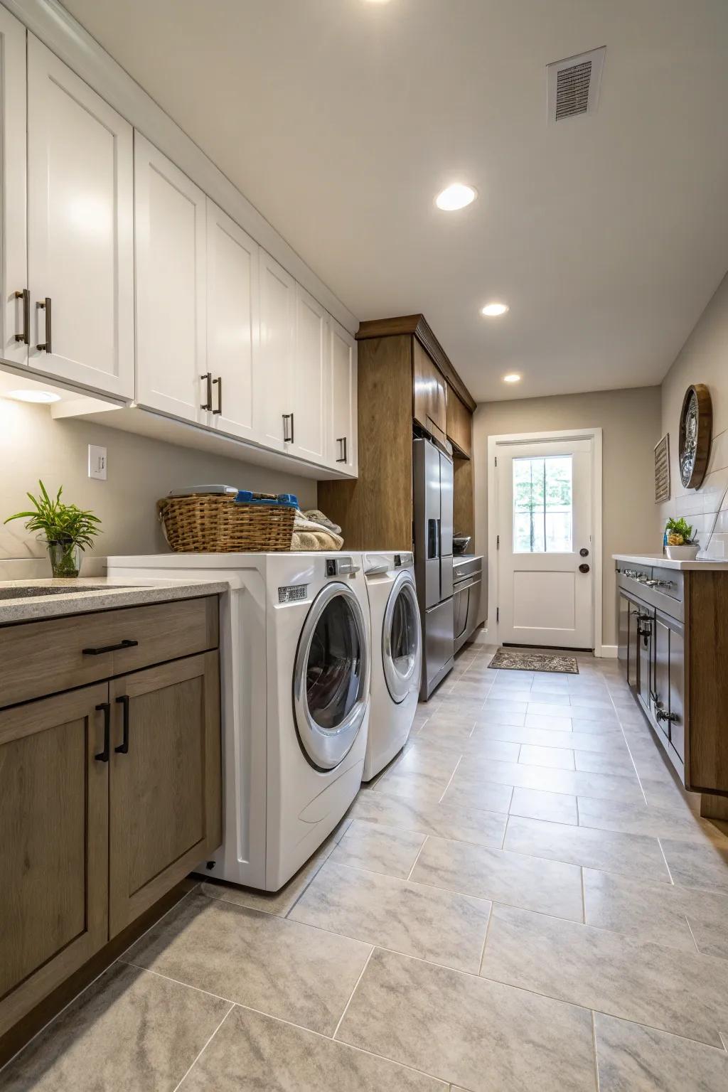 A kitchen and laundry area featuring seamless flooring that enhances a unified aesthetic.