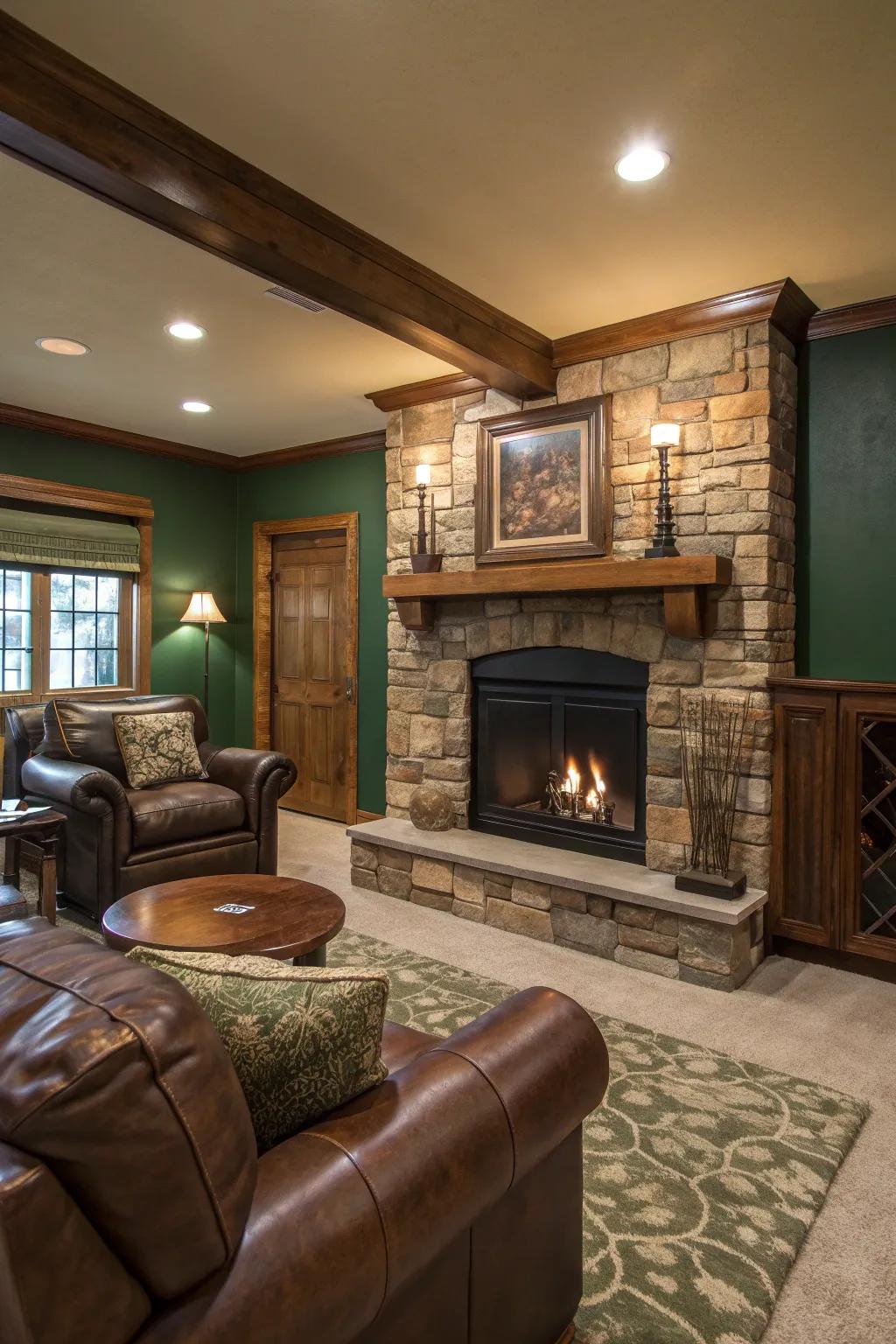 A double-faced fireplace connects spaces, giving warmth and design to multiple areas.