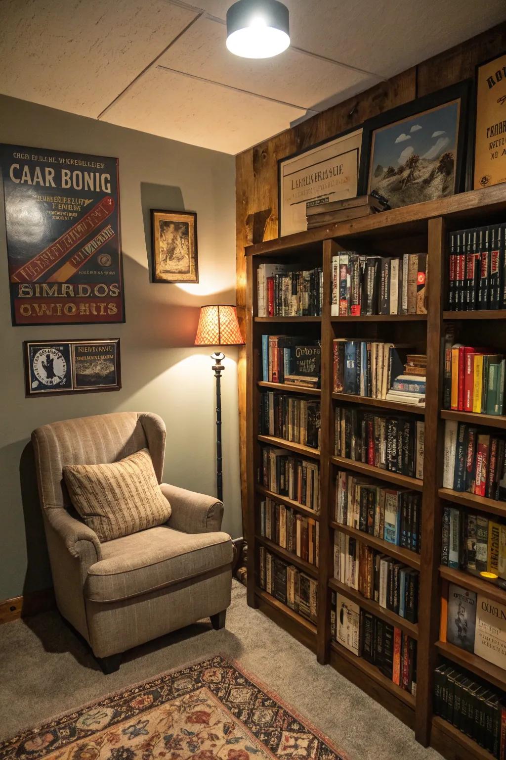 A personal library bookshelf cultivates a literary escape, incorporating depth and persona.