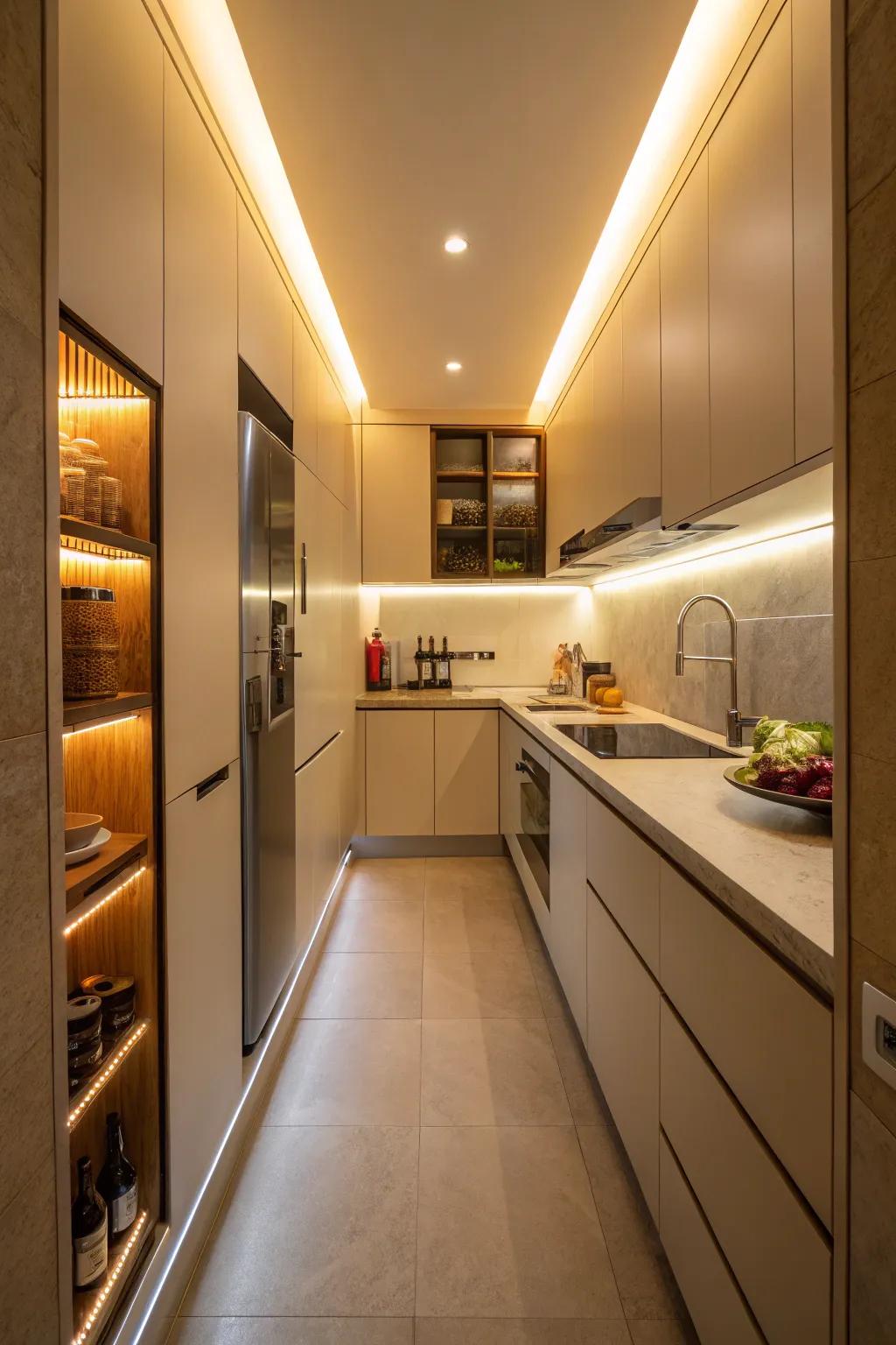 Emphasizing illumination enhances the warmth and dimension of this culinary space.