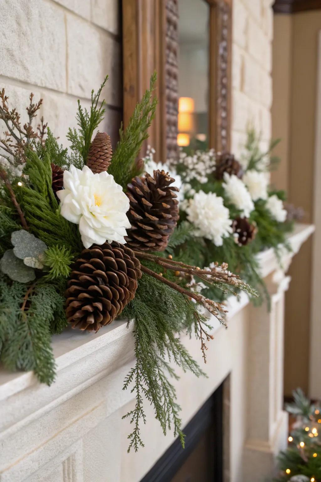 Pinecones and evergreens fashion a cozy winter wonderland at home.