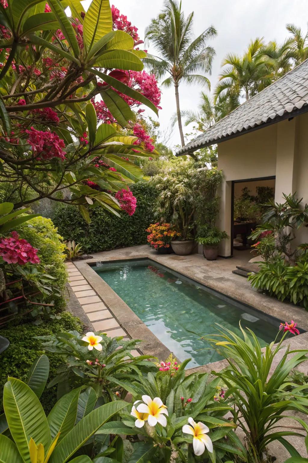 Striking colored florals add vibrant contrast and fragrance to your pool area.