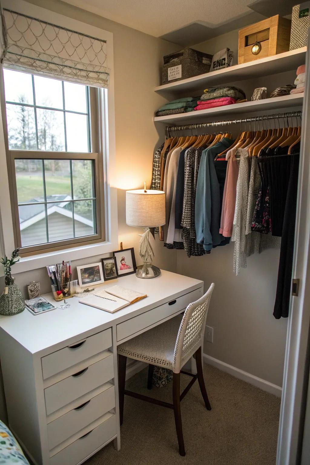 A compact desk turns the closet into a multi-purpose area.