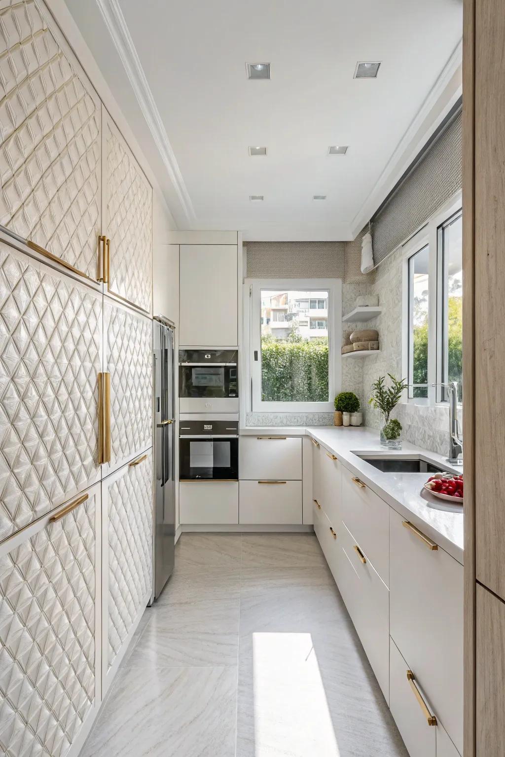 Articulated finishes enhance the appeal of a bright kitchen.