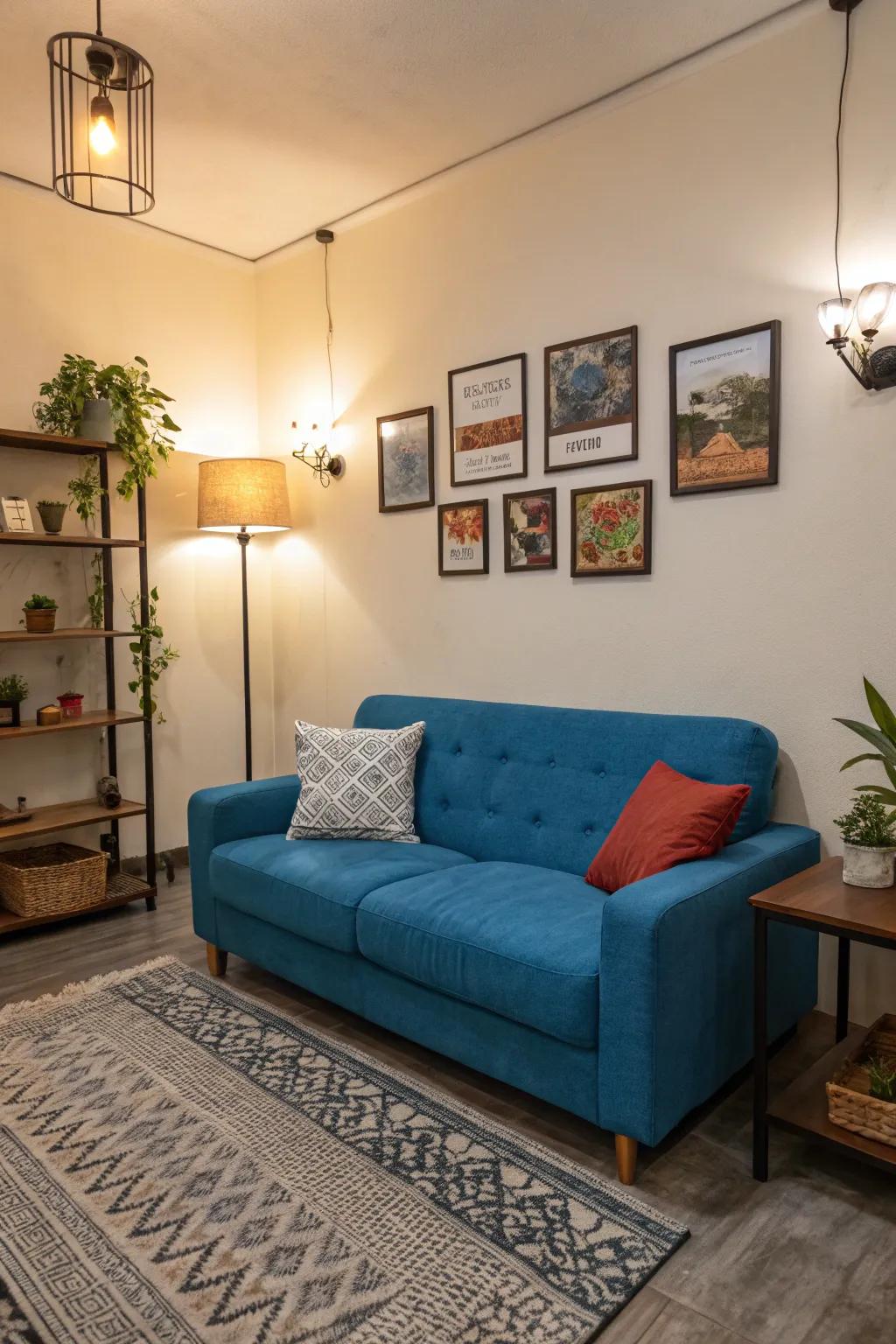 A couch in a striking color invigorates a petite living area through its impressive presence.