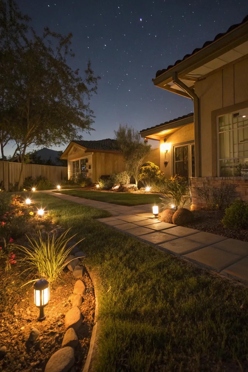 Solar lighting crafting an enchanting atmosphere in the garden.