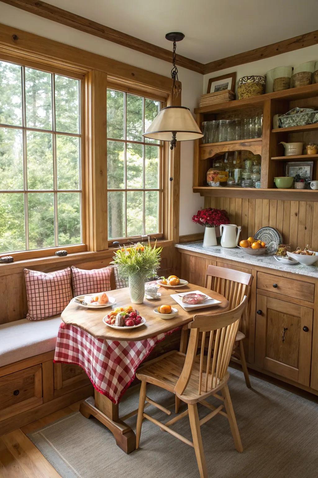 A snug breakfast alcove presents a captivating spot for intimate meals.