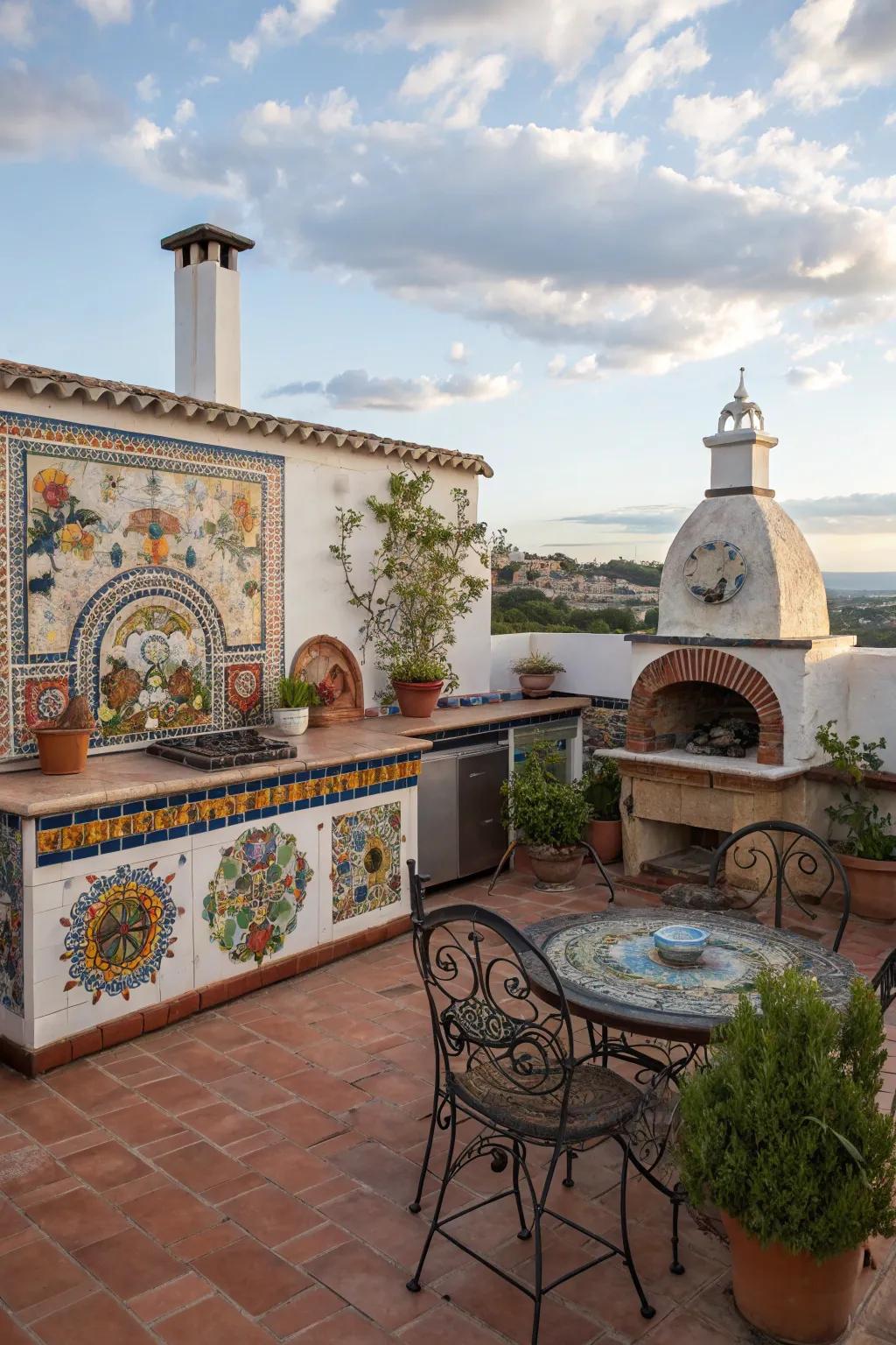 Beautiful mosaic art adds a colorful and personal touch to this outdoor cooking area.
