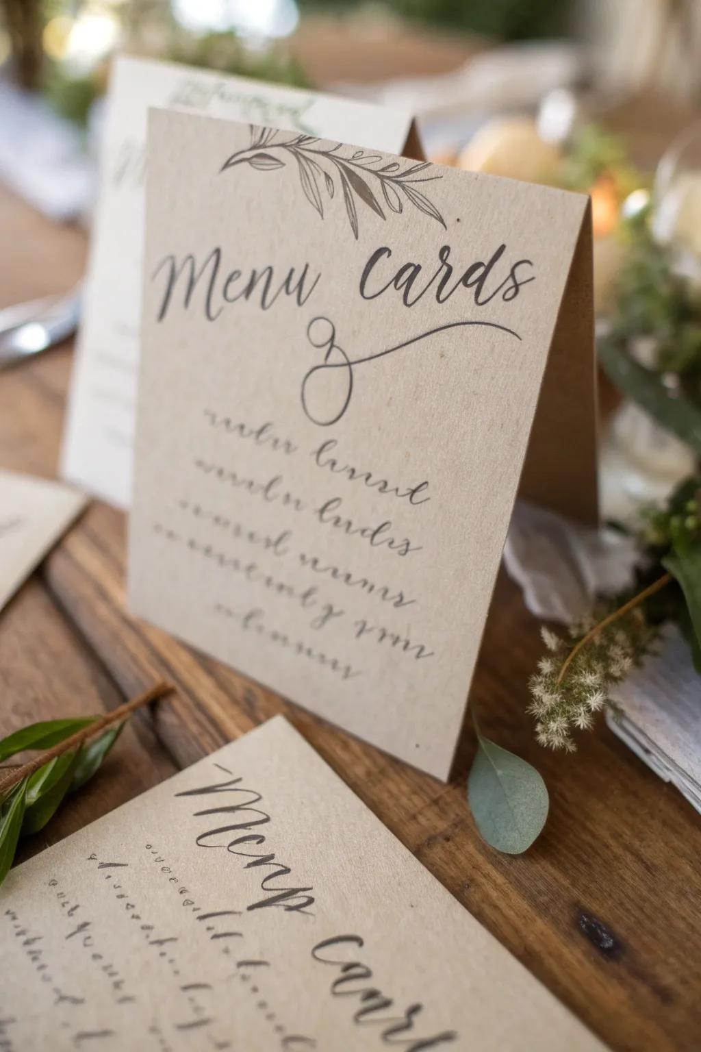 Handwritten menu markers furnish a personal and elegant touch.