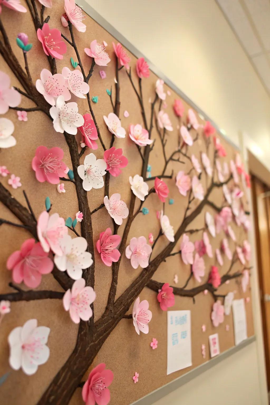 Flowering branches catching the essence of cherry blooms on the bulletin board.