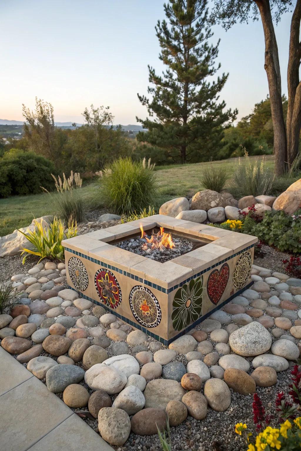Inlay details add artistic flair to fire pits.