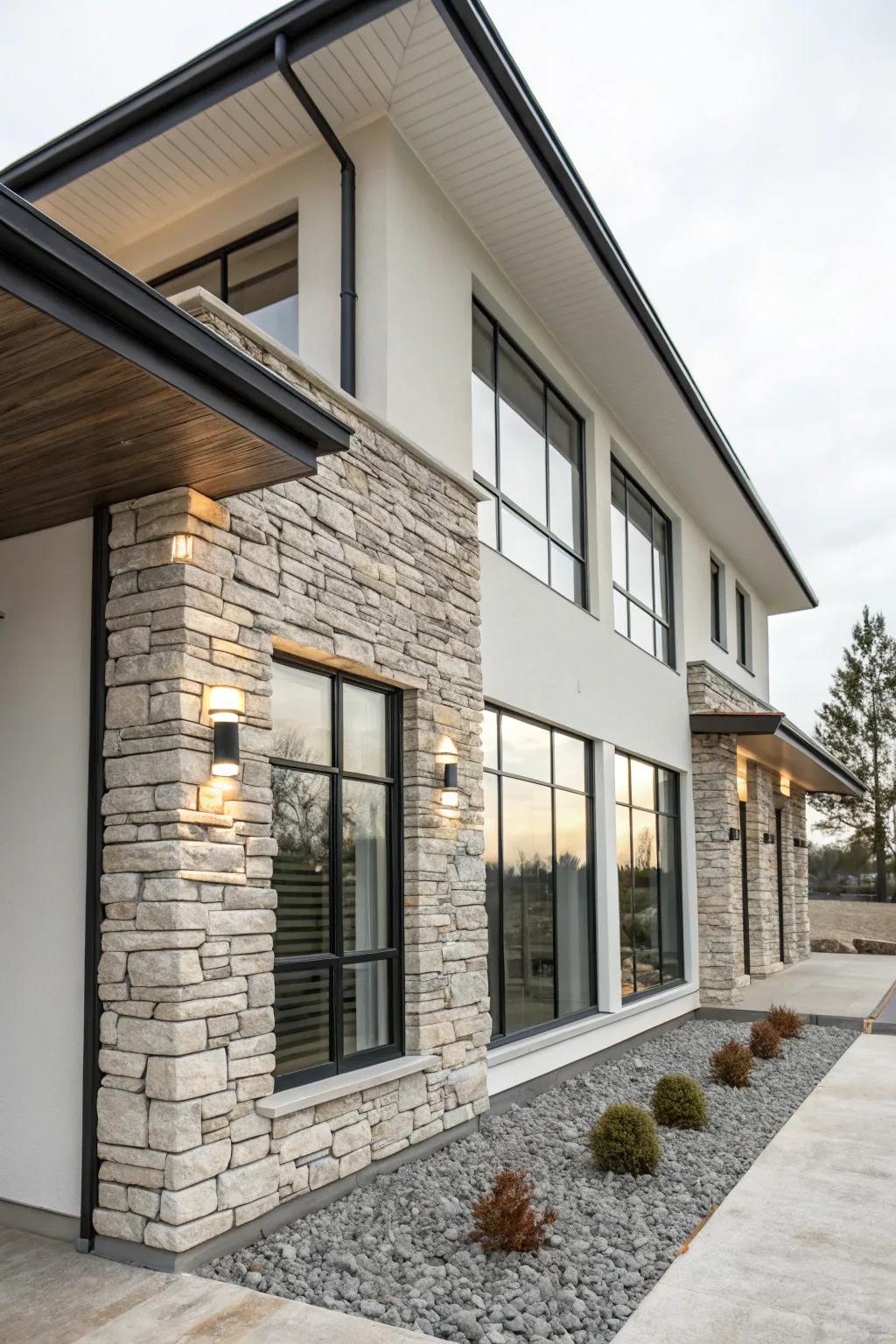 A minimalist facade enhanced by sleek stone surface accents.
