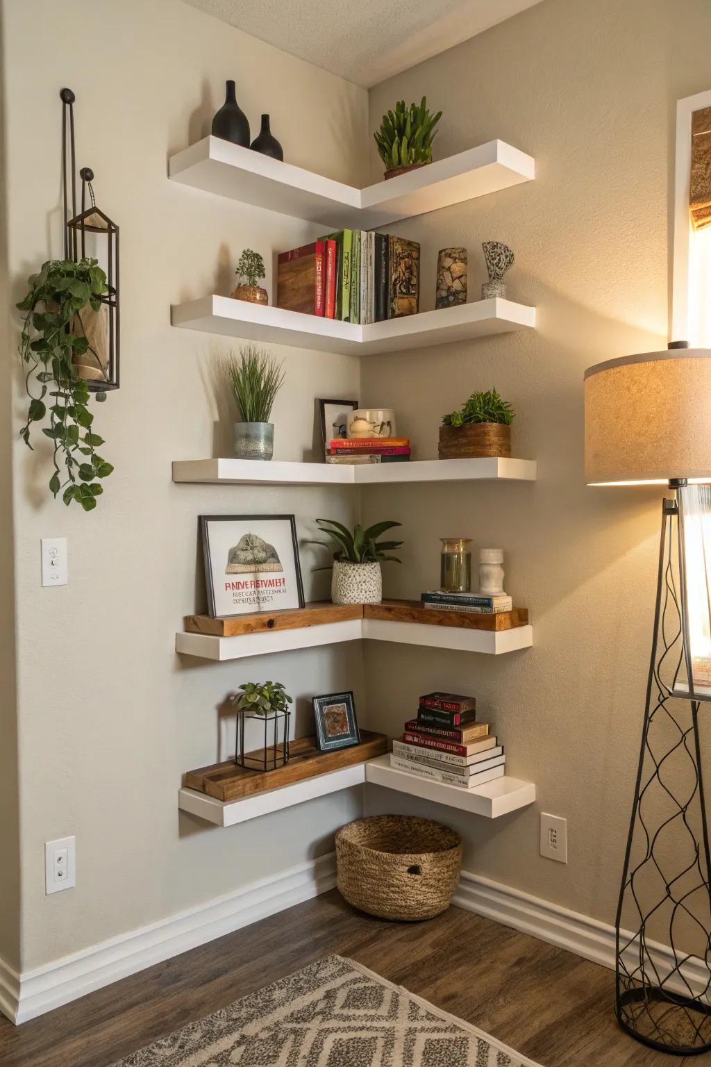 Surprising utilization of angular expanse featuring staggered shelves.
