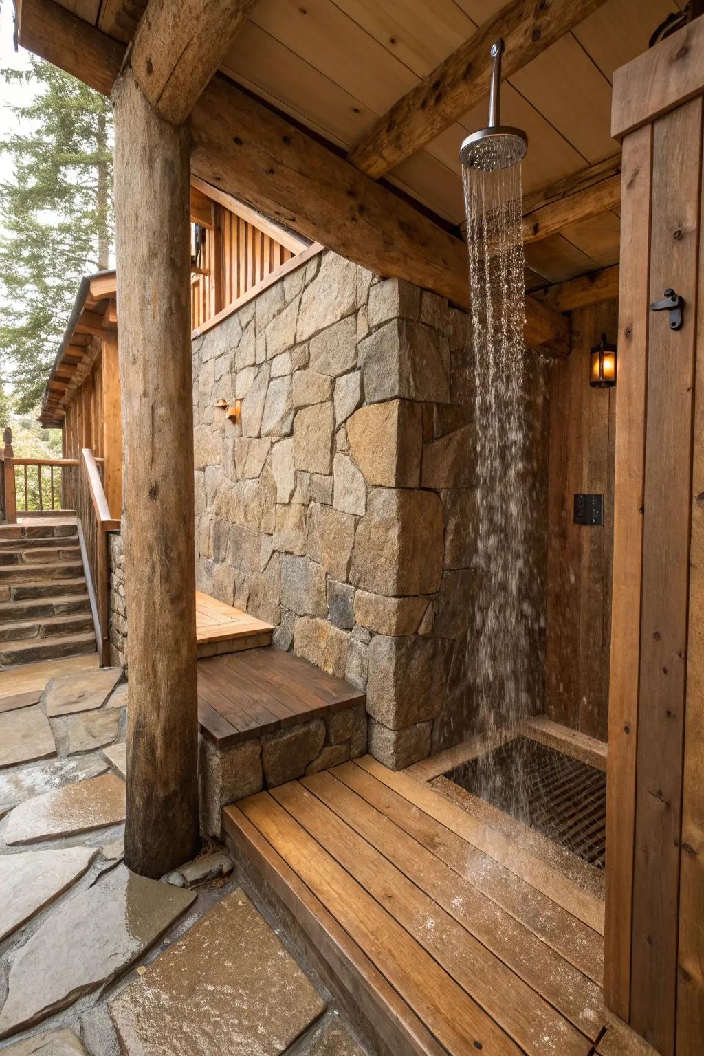 A split-level shower showcasing rustic timber and stone components, evoking a cozy retreat.